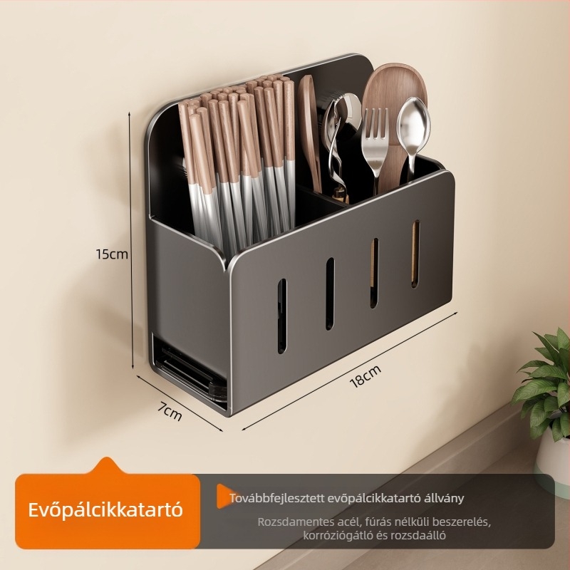 Rozsdamentes acélból készült falra szerelhető konyhai tároló vákuumos rögzítőkkel, fúrás nélkül, szellőző, többfunkciós tároló pálcikákhoz, kanalakhoz és spatulákhoz