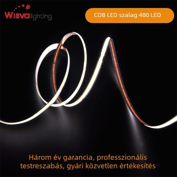 COB rugalmas LED-szalag, 480 LED-del, 24V, 10W, 180° fényvetés, állítható fényerő, lineáris világítás szekrényekhez, nem vízálló
