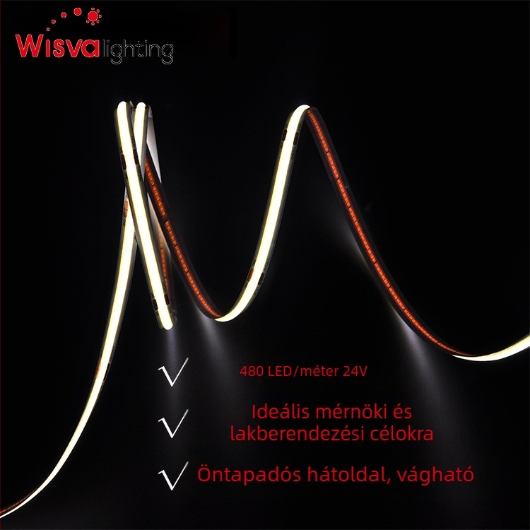 COB rugalmas LED-szalag, 480 LED-del, 24V, 10W, 180° fényvetés, állítható fényerő, lineáris világítás szekrényekhez, nem vízálló