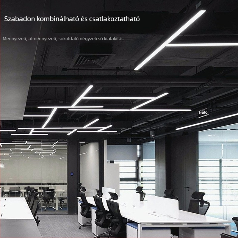 LED hosszú csíklámpa négyszögprofilú, varrat nélküli csatlakozás, függő lineáris világítás iroda, osztályterem, edzőterem, bevásárlóközpont