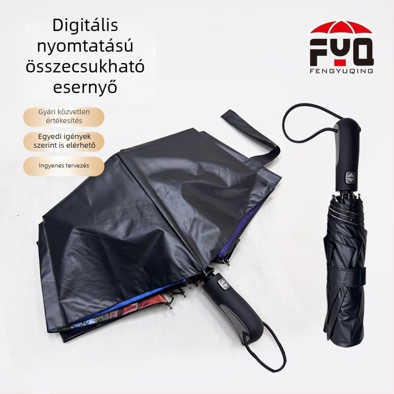 Nyolc bordás automata reklámesernyő logóval, vinil bevonattal, UV védelemmel, háromszakasra összecsukható