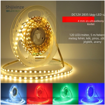 12V-os LED-szalag, monokróm, 2835 LED-chipek, 120 LED, öntapadós, keskeny változat, 4 mm széles, lineáris rugalmas fénycsík