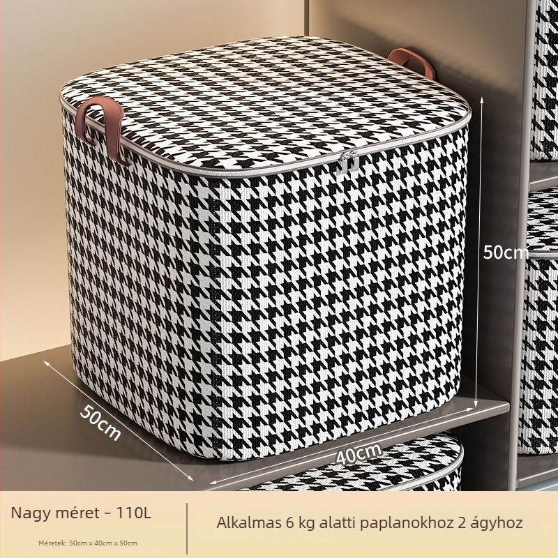 Összecsukható tároló doboz houndstooth minta, nedvességálló, nagy kapacitású, 110 L, ruhákhoz és ágyneműhöz.