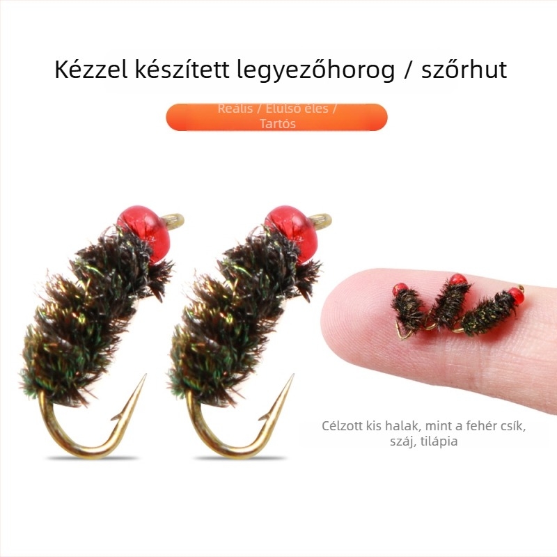 10 darab kézzel kötött mikro csalihozzá készlet, fly horgokkal, szálas/hajas horgokkal és apró féreg-horgokkal, fehér csali
