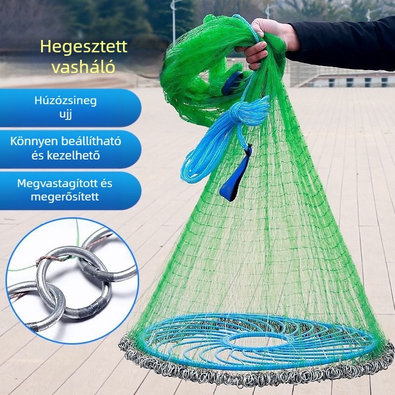 Kézzel dobható háló vastag monofilament szállal és hegesztett vaslánccal, frisbee-stílusú horgász háló kültéri használatra