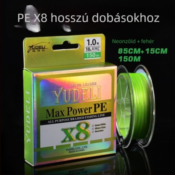 PE horgászvezeték hosszú dobáshoz, 150 m, 8 szálas zöld kopásálló, precízen szőtt