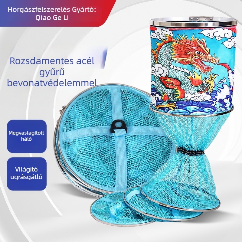 Kerek, vastagodott rozsdamentes acélgyűrűvel és bevonattal ellátott horgászhálózsák, gyorsan száradó