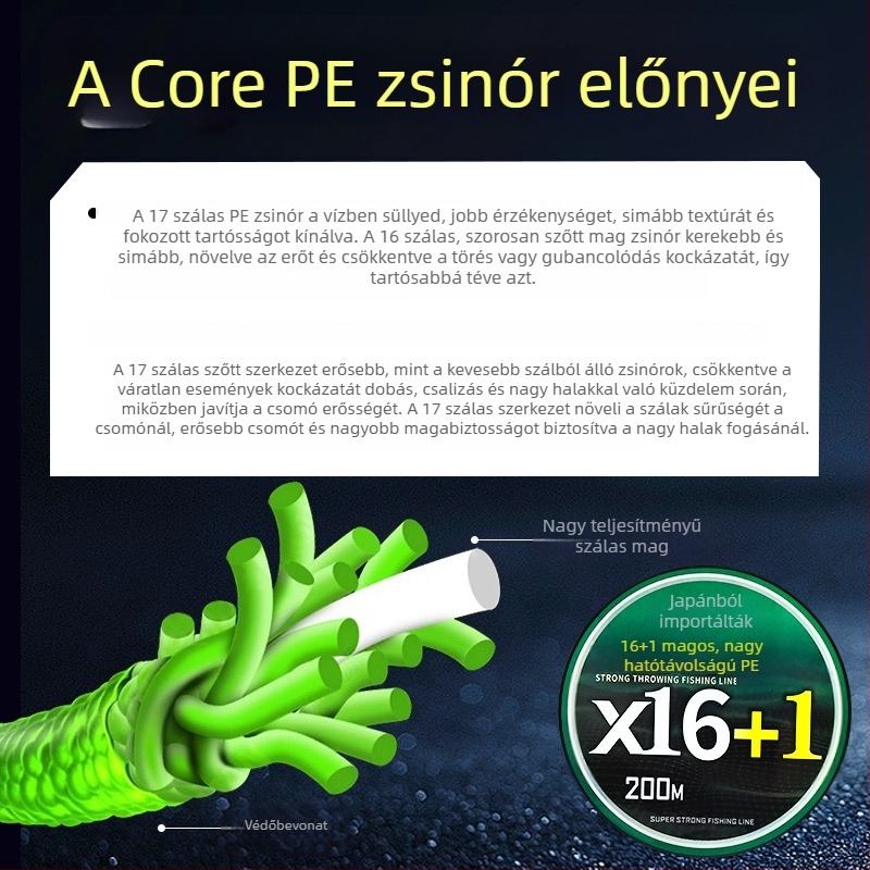 16 szálas, braidált PE főzsinór műcsalis horgászathoz, nagy szakítószilárdság, hosszú dobásokhoz