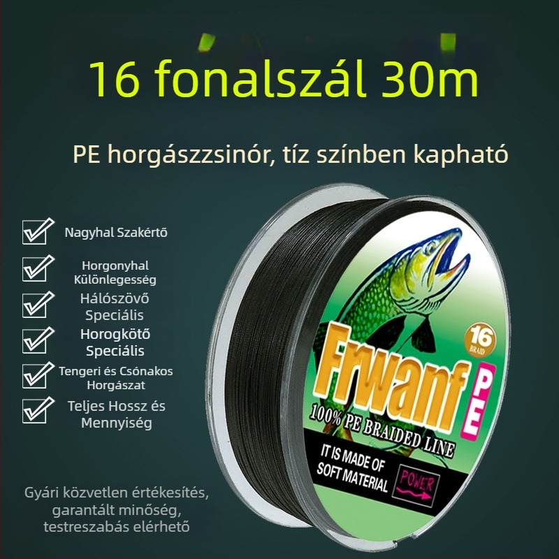 16-szálas, 30 m PE fonott horgász zsinór, kopásálló és harapásálló, tengeri horgászathoz