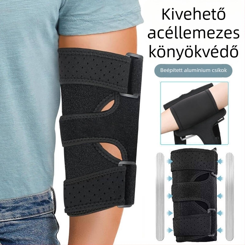 Acéllemez könyökvédő, sportos ízület stabilizációval, alumíniumcsík, levehető pánt, könyök támogatás, ütéscsillapítás