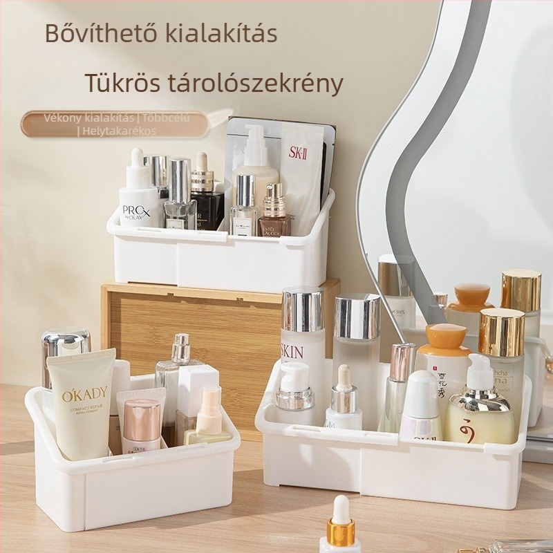 Tükörrel ellátott tároló doboz, multifunkcionális asztali kozmetikai szervező, állítható rekeszekkel a smink számára, asztali kozmetikai szervező