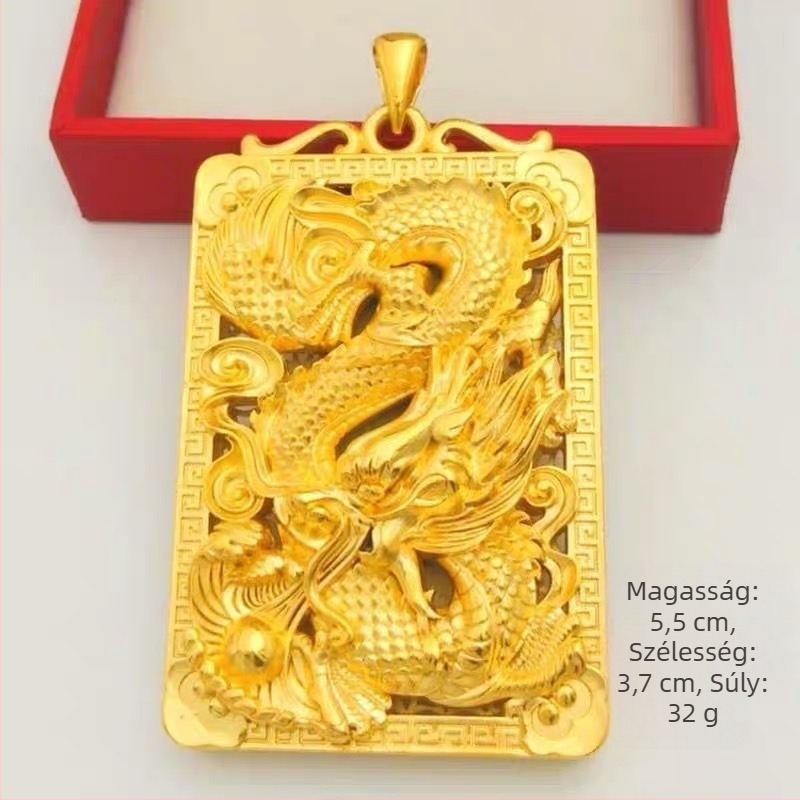 Férfi rézötvözet sárkány medálos nyaklánc, imitált arany felülettel, Dragon Brand