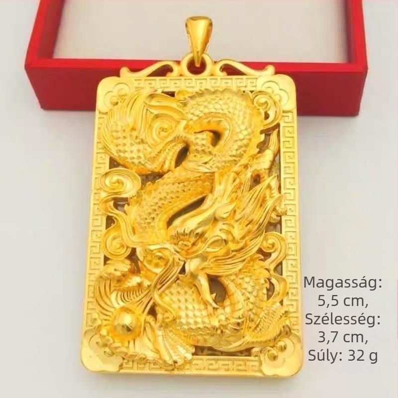 Férfi rézötvözet sárkány medálos nyaklánc, imitált arany felülettel, Dragon Brand