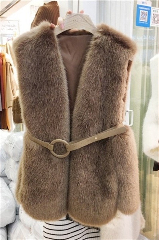 Női elegáns mellény műnorka- és rókafarú, középhosszú, egyszínű