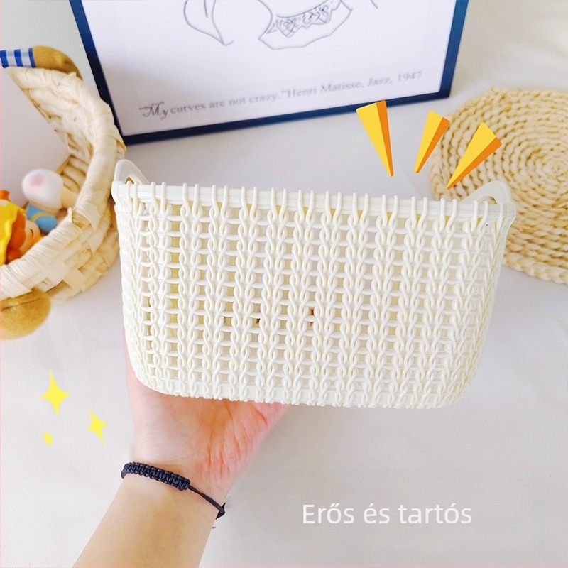 Rattan-stílusú tárolókosár, nagy kapacitású asztali tároló, diákok kollégiumi szobájába, minimalist stílus