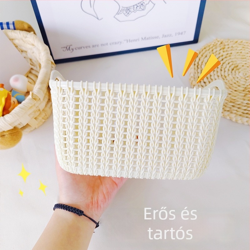 Rattan-stílusú tárolókosár, nagy kapacitású asztali tároló, diákok kollégiumi szobájába, minimalist stílus