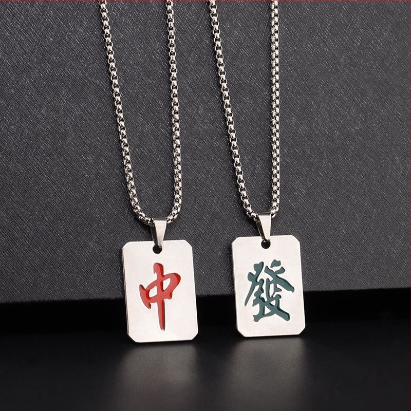 Uniszex nyaklánc titánacélból Mahjong medállal – vörös sárkány és szerencse jelzések, utcai hip-hop stílus