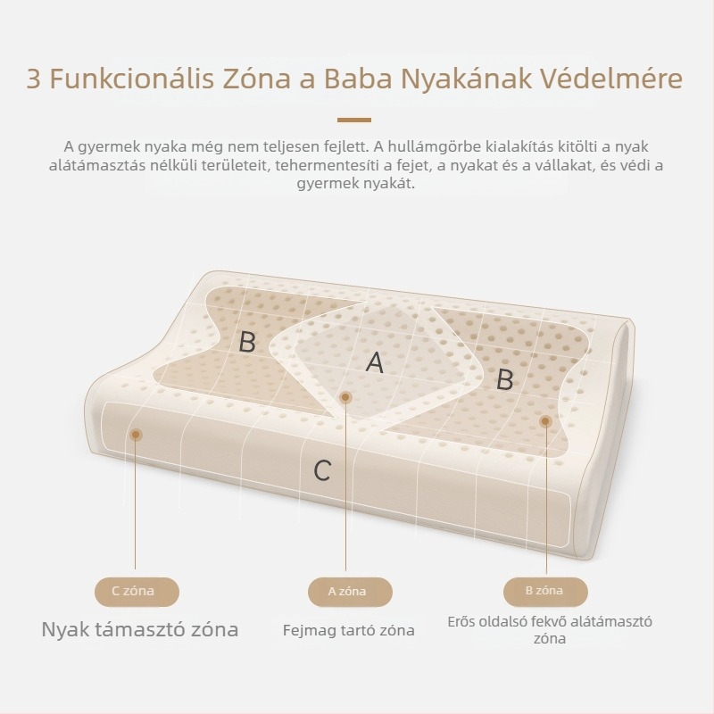 Gyerekeknek készült latex párna hullámos formával, 5–10 cm-es magasság, természetes latex >90% tartalom, 100% pamut huzat
