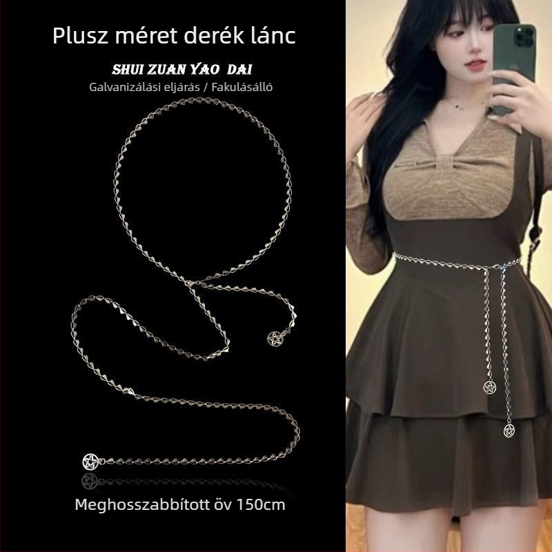 Hosszított deréklánc öv ötvözetből, dekoratív kivágásokkal, szoknyákkal kompatibilis, divatos kiegészítő