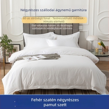 Fehér 100% pamutból készült hotelszobai ágyneműkészlet, négy darab, tartalmaz paplanhuzatot, felső lepedőt, alsó lepedőt és párnahuzatokat