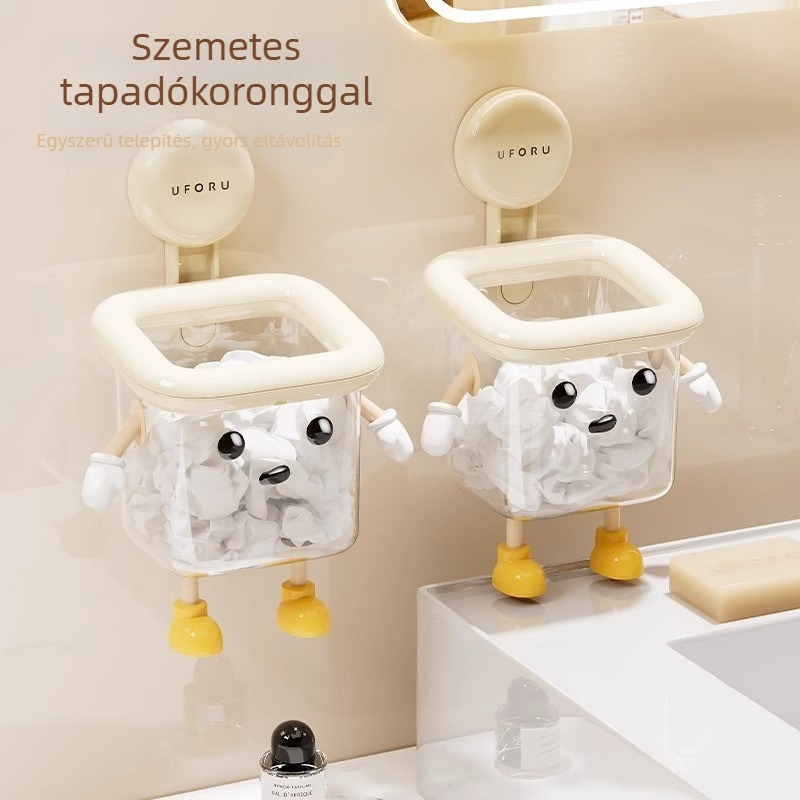 Fali fürdőszobai szemetes vákuumos rögzítéssel, mini, aranyos dizájn arc-törölközők tárolására