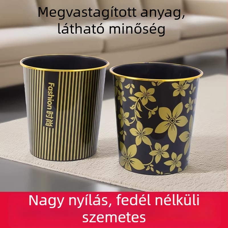 Aranyszegélyű fedél nélküli szemetes, hengeralakú, műanyag, 10 L, iroda, hotel, vendégház, étterem, hálószoba, mosdó, internátus, az ágy mellett