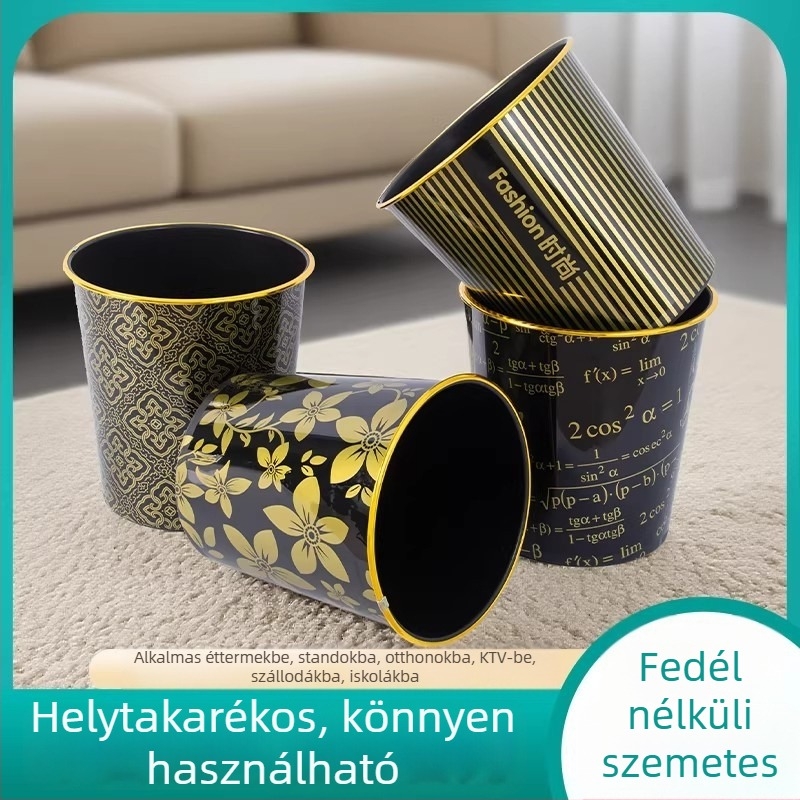 Aranyszegélyű fedél nélküli szemetes, hengeralakú, műanyag, 10 L, iroda, hotel, vendégház, étterem, hálószoba, mosdó, internátus, az ágy mellett