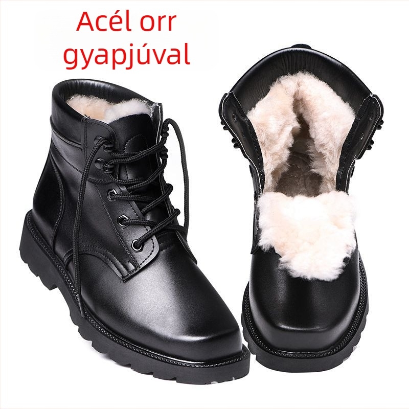 Férfi Martin bakancs valódi bőrből, gyapjú béléses, meleg téli cipő acél orral és acél talppal, hóban járó