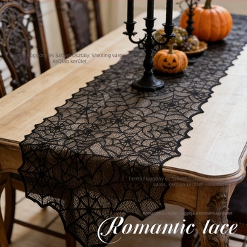 Fekete pókháló mintás csipkés asztali futó, 45×183 cm, Halloween dekoráció