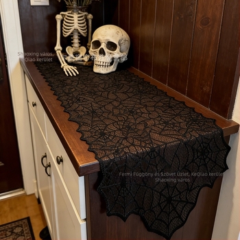 Fekete pókháló mintás csipkés asztali futó, 45×183 cm, Halloween dekoráció