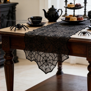 Fekete pókháló mintás csipkés asztali futó, 45×183 cm, Halloween dekoráció