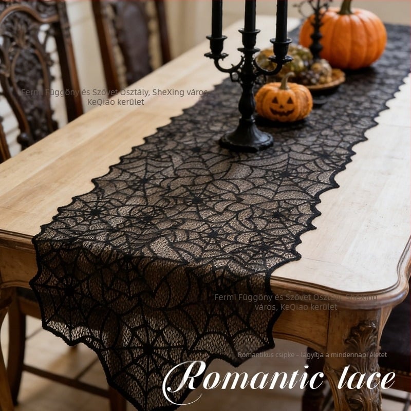 Fekete pókháló mintás csipkés asztali futó, 45×183 cm, Halloween dekoráció