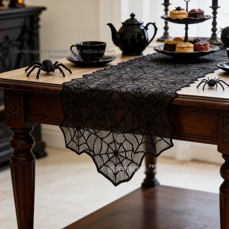 Fekete pókháló mintás csipkés asztali futó, 45×183 cm, Halloween dekoráció