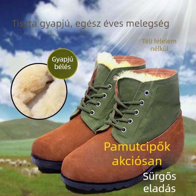 Uniszex téli havas bakancs, magas szárú, bőr felső, gyapjú bélés, csúszásmentes gumitalp, munkavédelmi lábbeli