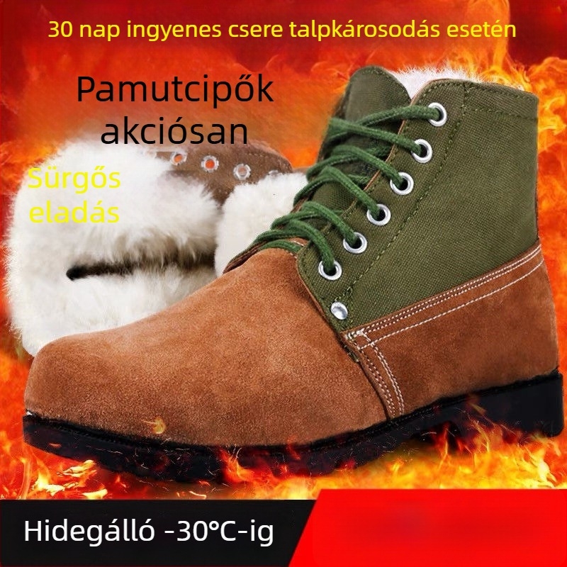 Uniszex téli havas bakancs, magas szárú, bőr felső, gyapjú bélés, csúszásmentes gumitalp, munkavédelmi lábbeli