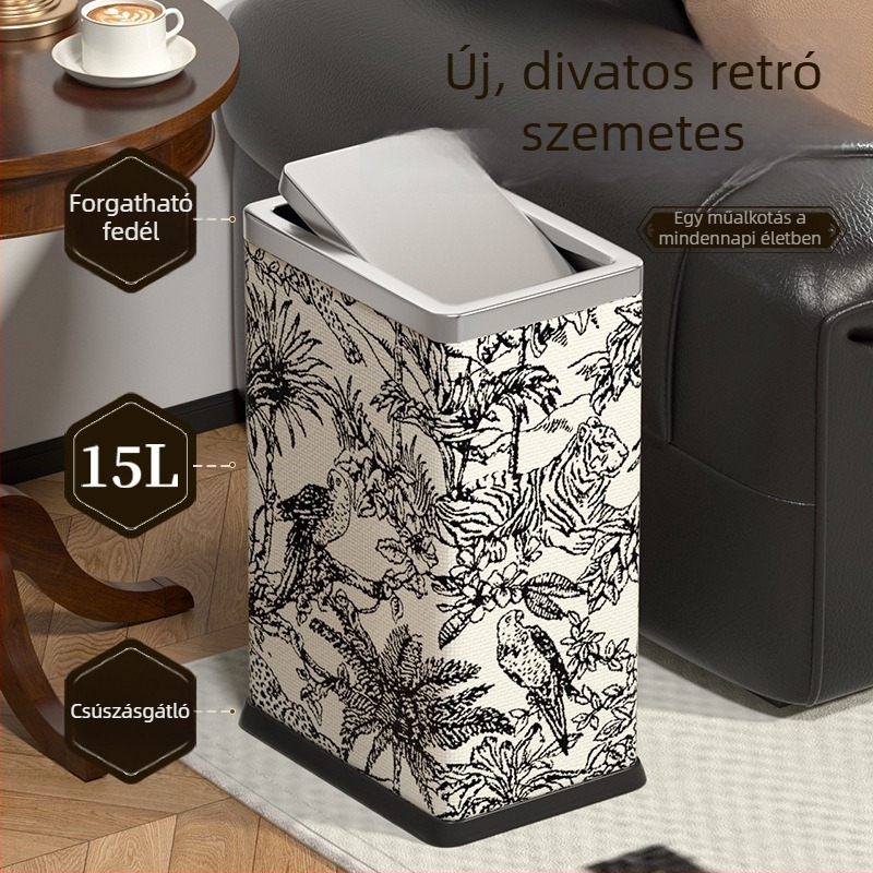 Négyszögletes szemetes rozsdamentes acélból, lengő fedéllel, 10 liter, otthoni használatra