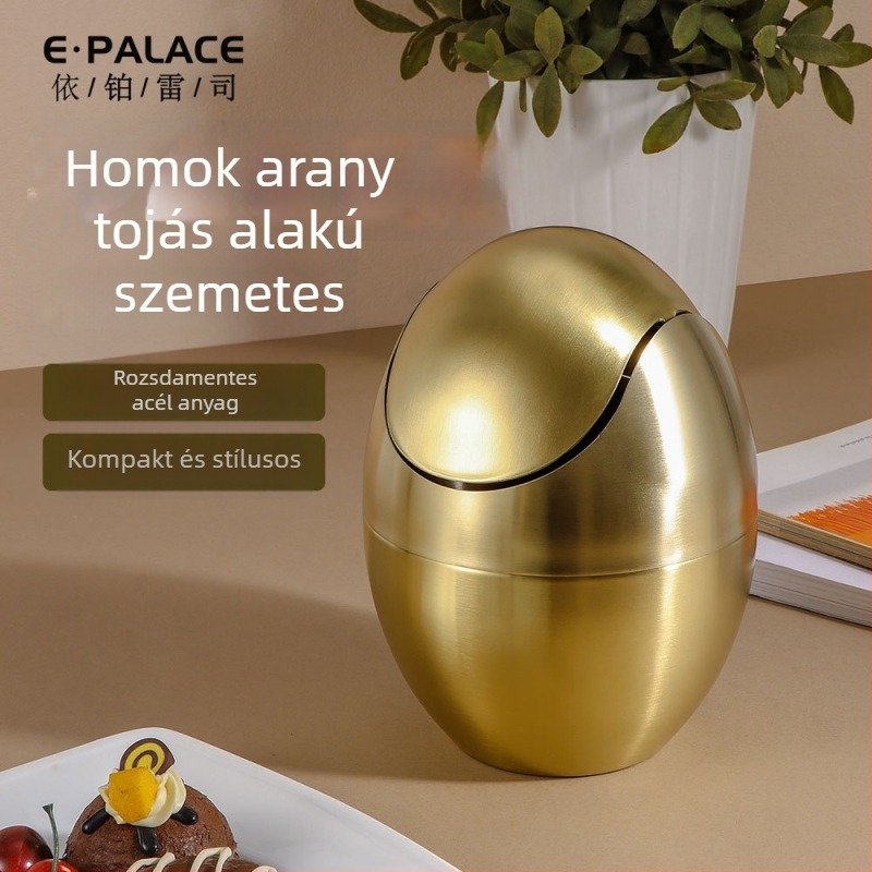 Arany tojás héj színű asztali szemetes fedővel, rozsdamentes acél, ovális, 1,5 L