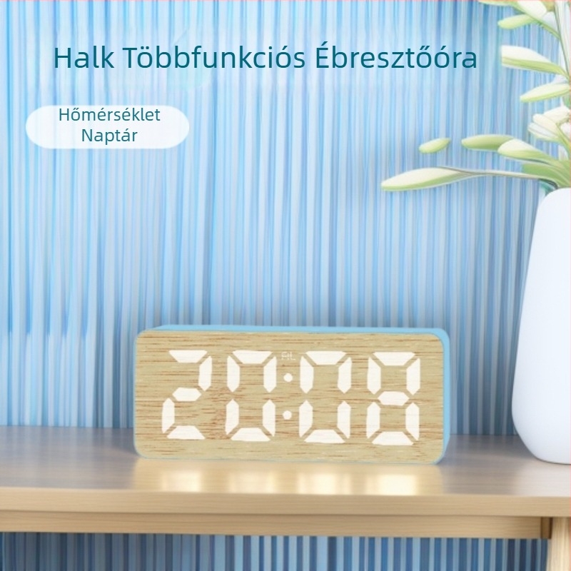Nagy LED kijelzős ébresztőóra, bambusz textúrájú elektronikus digitális óra, csendes ébresztés, idő és hőmérséklet kijelzés