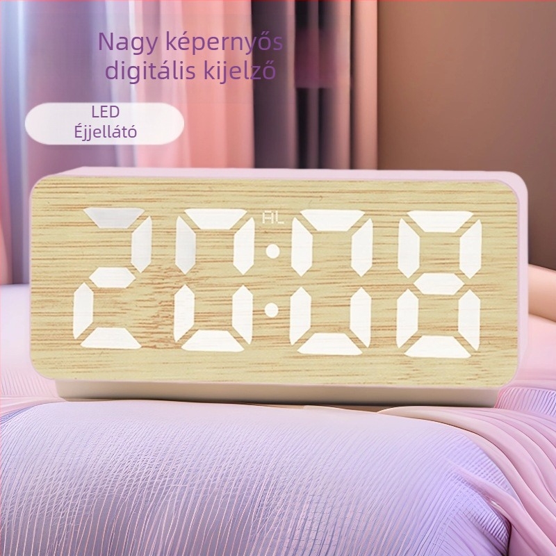 Nagy LED kijelzős ébresztőóra, bambusz textúrájú elektronikus digitális óra, csendes ébresztés, idő és hőmérséklet kijelzés