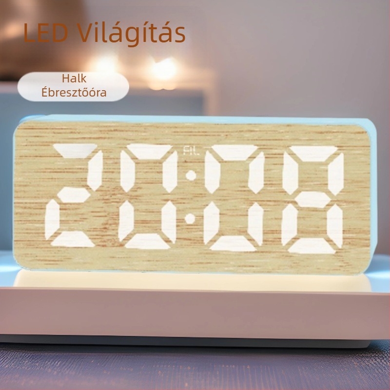 Nagy LED kijelzős ébresztőóra, bambusz textúrájú elektronikus digitális óra, csendes ébresztés, idő és hőmérséklet kijelzés