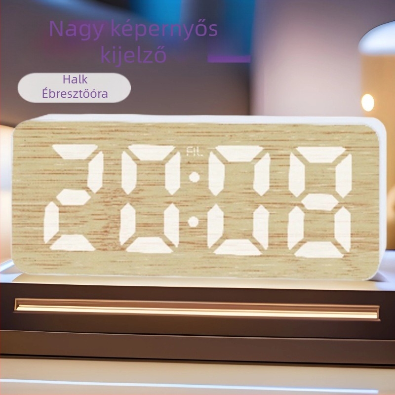 Nagy LED kijelzős ébresztőóra, bambusz textúrájú elektronikus digitális óra, csendes ébresztés, idő és hőmérséklet kijelzés