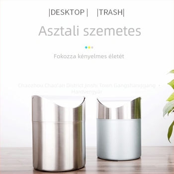 Irodaasztalhoz ideális rozsdamentes acél szemetes, felnyitható lengőfedéllel – mini hordó alakú