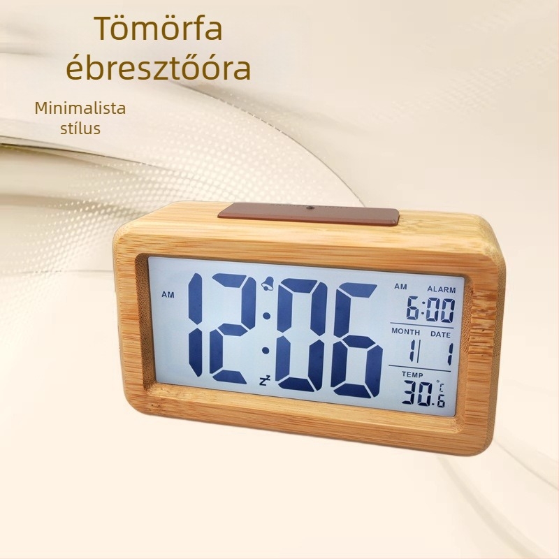 Tömörfa ébresztőóra LCD kijelzővel, bükkfa tokozás, hőmérő, 24 órás kijelzés, egyoldalas