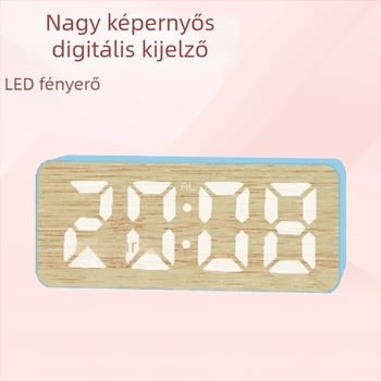 Digitális LED ébresztőóra, nagy kijelzős, szundi funkció, naptár és hőmérő, 24 órás kijelzés, bambusz textúra
