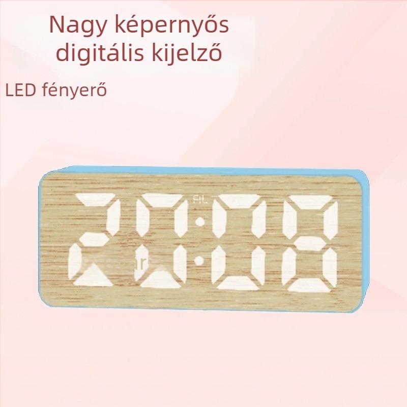 Digitális LED ébresztőóra, nagy kijelzős, szundi funkció, naptár és hőmérő, 24 órás kijelzés, bambusz textúra