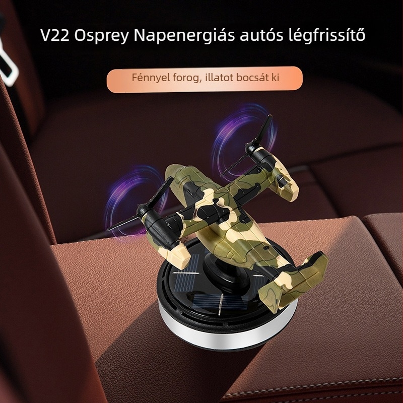 Napelemes autóillatosító V-22 Osprey modell, fény hatására forog, szagokat megszüntet, hosszú ideig tartó illat, autó dísz
