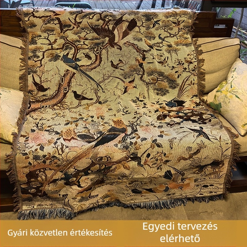 Virágos és madár motívumok kínai retro stílusban — egyszemélyes kanapé takaró és falikép, kötött jacquard