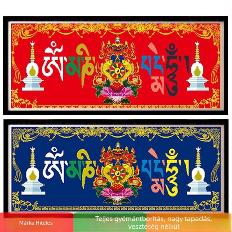 Hat karakteres mantra 5D gyémánt festmény teljes gyémántokkal, Szerencsés nyolc kincs, Fehér torony, tibeti thangka, gyémánt hímzés a nappaliba