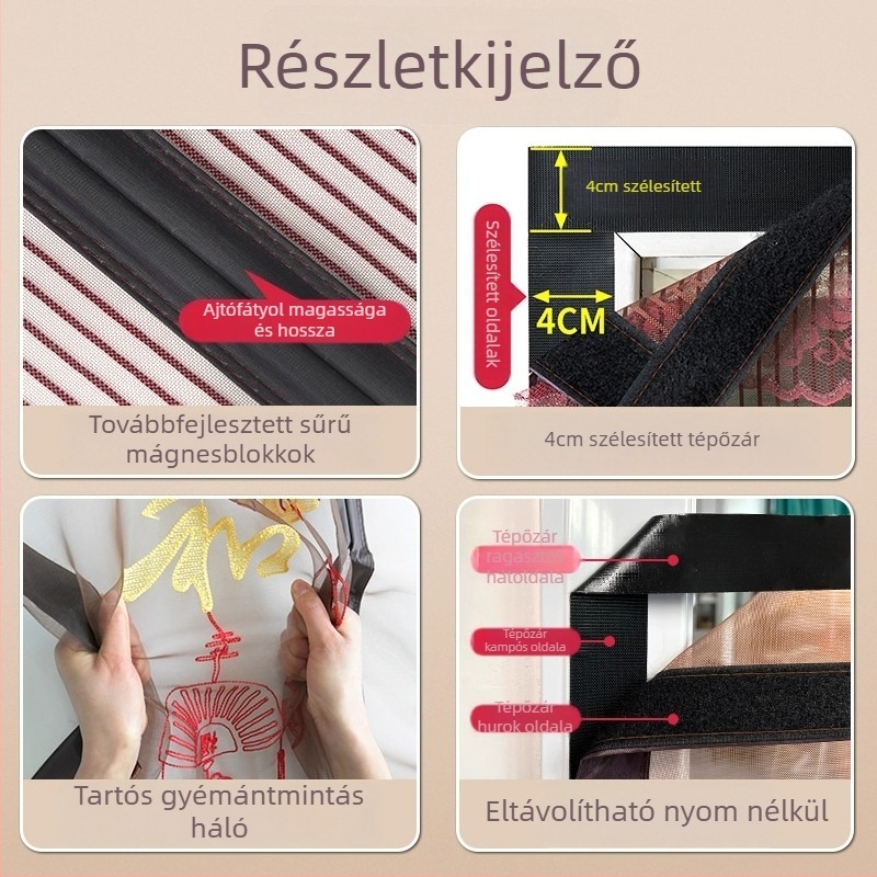 Mágneses szúnyogháló ajtófüggöny teljes mágneses sávval, otthoni használatra, fúrás nélkül, nyárra