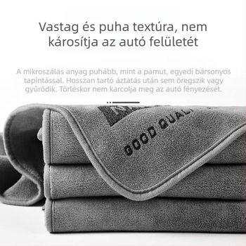 Logóval ellátott mikroszálas autómosó törlő, 400 g, kétoldalas, vastított, kiváló nedvszívó, szöszmentes